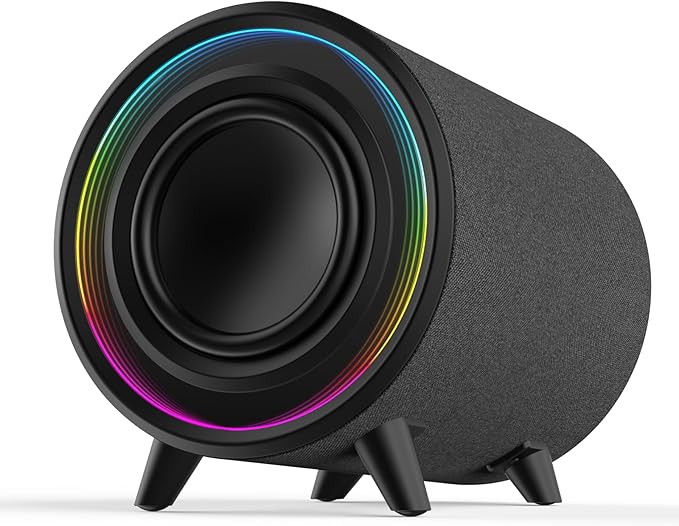 Powered Subwoofer, 100W Peak Sub with DSP, 6.5’’ Subs with Infinity Mirror - 3D Tunnel Light, 6 LED Home Theater Subwoofers, 40Hz-250Hz, Class-D Amp, Low Pass dial, Phase Switch