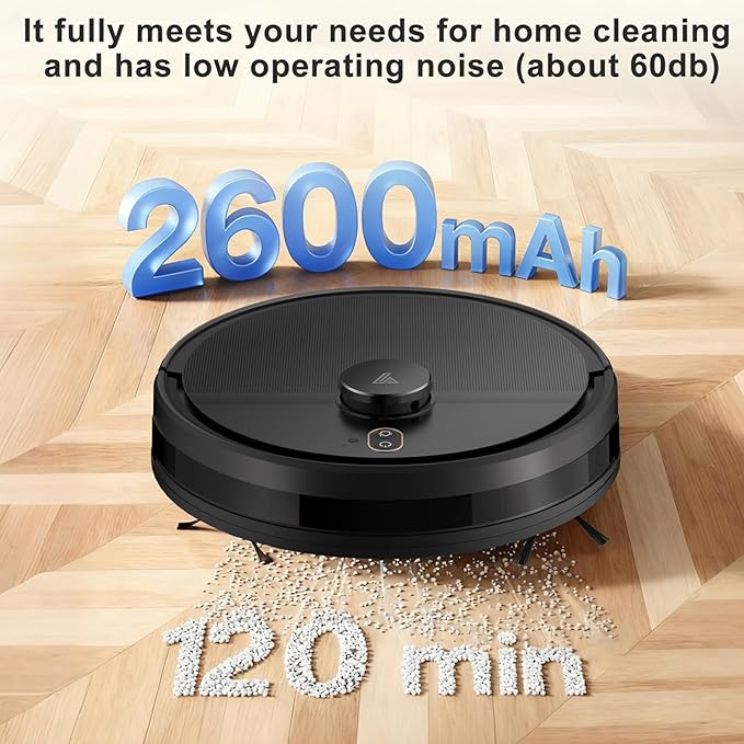 2025 Robot Vacuum Cleaner Intelligent Laser Navigation Rapid Mapping 120-Minute Battery Life Personalised Cleaning Settings Powerful Suction Pet Hair Removal Suitable for All Floor Types-Black