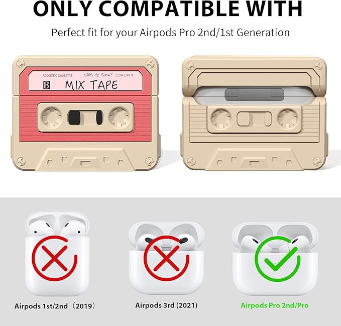 AirPods Pro 2 Case Cover, KOREDA Funny Cassette Tape Design Case for Airpods Pro 2nd Generation/1st Generation (2023/2022/2019), Cute Cartoon Fashion Silicone Protective Cover for Women Men (Pink)