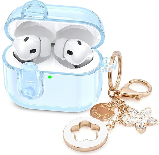 (with Lock) Clear Case Compatible for Cute Apple Airpods Pro 1/2 Cases Women, VISOOM TPU Transparency Air pods Pro 1st 2nd Generation Blue Case Bling Keychain for Airpod Pro2/1