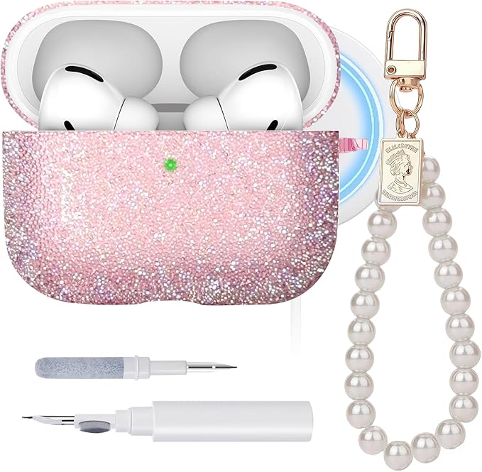 Glitter Case for Airpods Pro 3,with Pearl Wristlet Keychain & Cleaning Kit,Compatible with MagSafe,Sparkle TPU Cover for 2025 Airpods Pro 3rd Generation,Shiny Case for Women & Girl-Glitter Pink