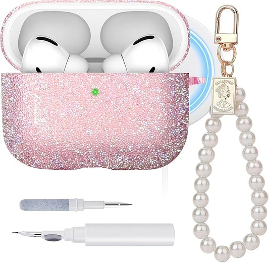 Glitter Case for Airpods Pro 3,with Pearl Wristlet Keychain & Cleaning Kit,Compatible with MagSafe,Sparkle TPU Cover for 2025 Airpods Pro 3rd Generation,Shiny Case for Women & Girl-Glitter Pink