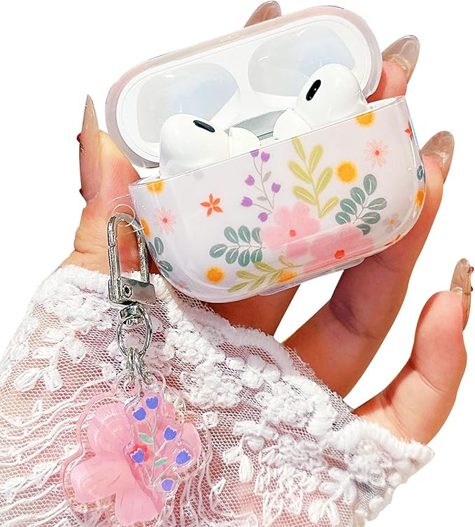 Cute Airpod Pro 2 Case Aesthetic Flower with Keychain TPU Protective Cover Compatible with AirPods Pro 2nd Generation Case for Teens Girls Women (IMD Pink Floral)