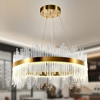 Modern Crystal Chandelier Gold Ceiling Lights, LED Pendant Light Round, Crystal Hanging Lamp for Living Room, Dining Room, Bedroom, Restaurant, Φ24 inch