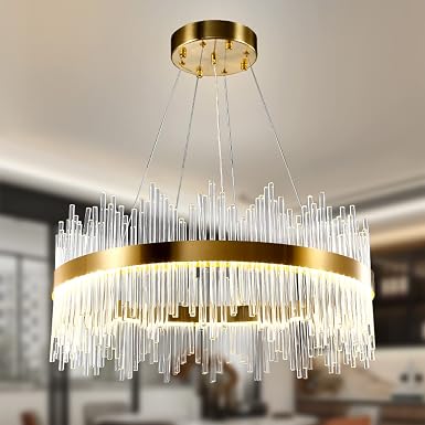 Modern Crystal Chandelier Gold Ceiling Lights, LED Pendant Light Round, Crystal Hanging Lamp for Living Room, Dining Room, Bedroom, Restaurant, Φ24 inch
