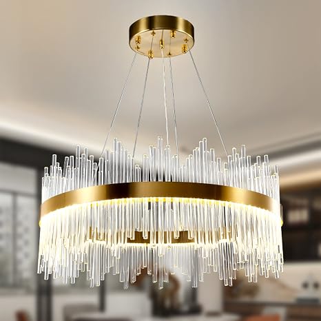 Modern Crystal Chandelier Gold Ceiling Lights, LED Pendant Light Round, Crystal Hanging Lamp for Living Room, Dining Room, Bedroom, Restaurant, Φ24 inch