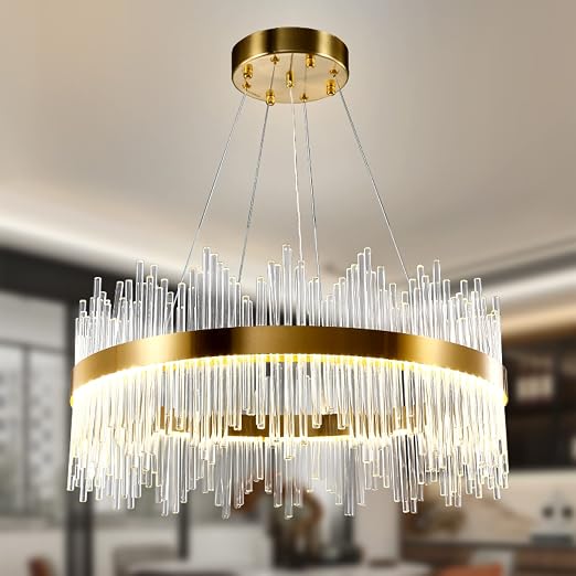 Modern Crystal Chandelier Gold Ceiling Lights, LED Pendant Light Round, Crystal Hanging Lamp for Living Room, Dining Room, Bedroom, Restaurant, Φ24 inch