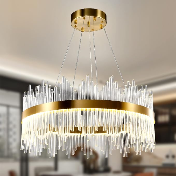 Modern Crystal Chandelier Gold Ceiling Lights, LED Pendant Light Round, Crystal Hanging Lamp for Living Room, Dining Room, Bedroom, Restaurant, Φ24 inch