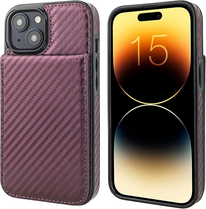 KIHUWEY Compatible with iPhone 15 Case Wallet with Credit Card Holder, Flip Premium Leather Magnetic Clasp Kickstand Heavy Duty Protective Cover for iPhone 15 6.1 Inch (Carbon Purple)