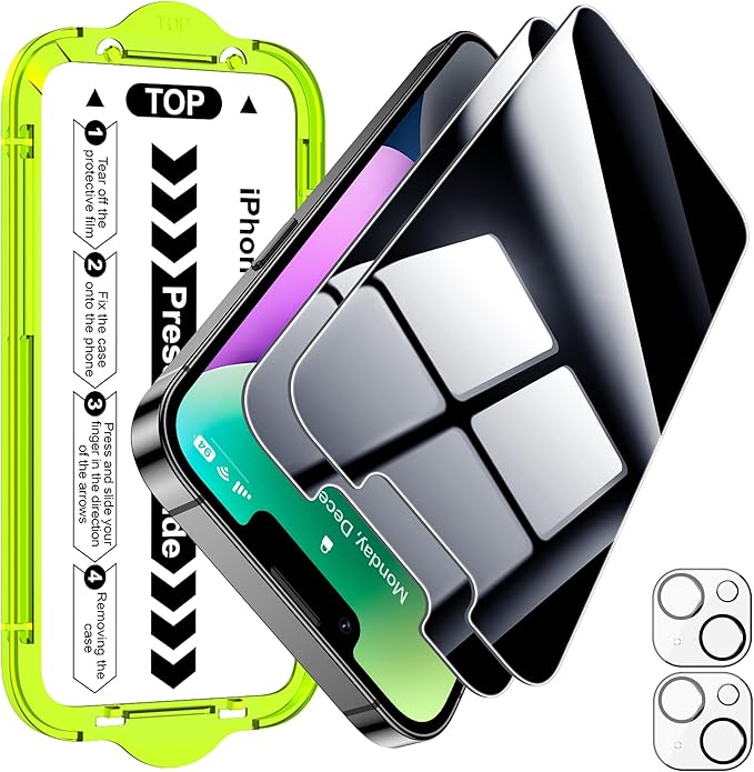 Esanik [2+2 Pack for iPhone 14 Privacy Screen Protector – Anti-Spy Tempered Glass & Camera Lens Cover, Military-Grade 9H Hardness, Anti-Scratch, Flawless Fit Tray