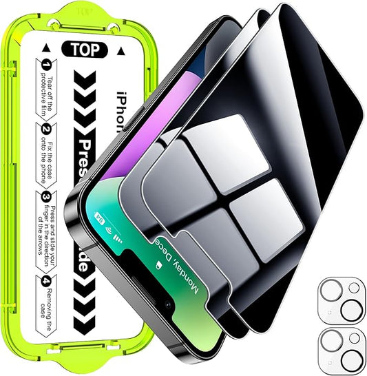 Esanik [2+2 Pack for iPhone 14 Privacy Screen Protector – Anti-Spy Tempered Glass & Camera Lens Cover, Military-Grade 9H Hardness, Anti-Scratch, Flawless Fit Tray