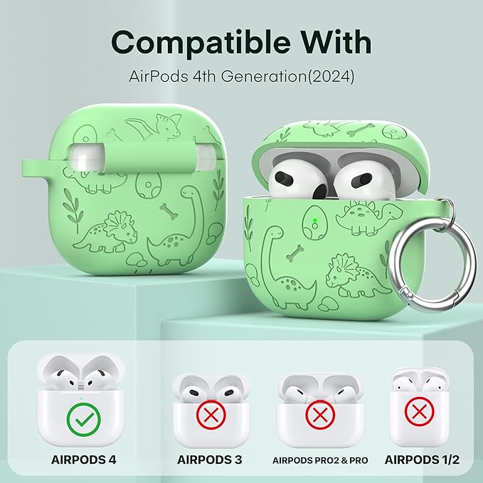 Maxjoy for AirPods 4 Case, Engraved Silicone Cute AirPod 4 Case for Women Men Protective iPod 4 Cover with Keychain Cleaning Kit for AirPod 4th Generation Cover 2024, Dinosaur Matcha