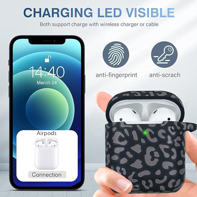 Leopard Silicone Case Cover Compatible with Airpods Case, Gawnock Soft Case Flexible Compatible with Airpods 2nd/1st Generation Print Cover for Women Girls with Keychain - Gray Leopard Cheetah
