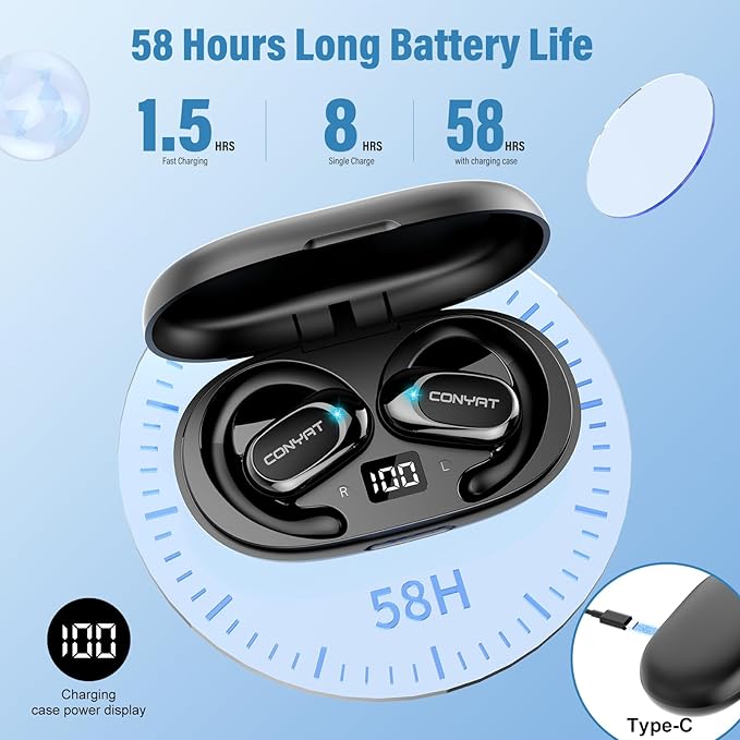 Open Ear Headphones, Wireless Bluetooth 5.4 Earbuds with Big Earhooks, Ultra-Comfort Open Ear Earbuds, 58 Hours HD Stereo Sound Over Ear Earphones, IP7 Waterproof Headset for Workouts, Black