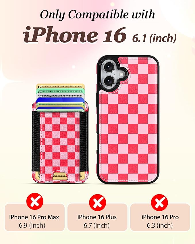 Shorogyt for iPhone 16 Wallet Case - Fits 5 Cards, Compatible with Magsafe Detachable Magnetic Credit Card Holder Leather Cardholder Cute Phone Cover Women Girls for Apple 16, Checkered