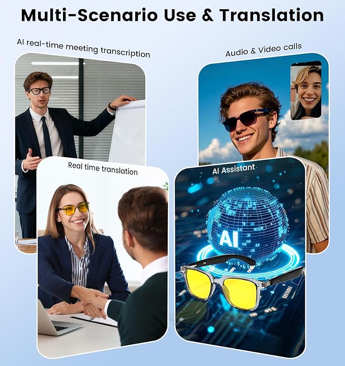 AI Translation Smart Glasses with Chat GPT for Men& Women, Bluetooth 5.4 Sunglasses with Translator 100 Languages,Multifunctional Outdoor UV Protection Glasses for Travel Trade Business-Gray2