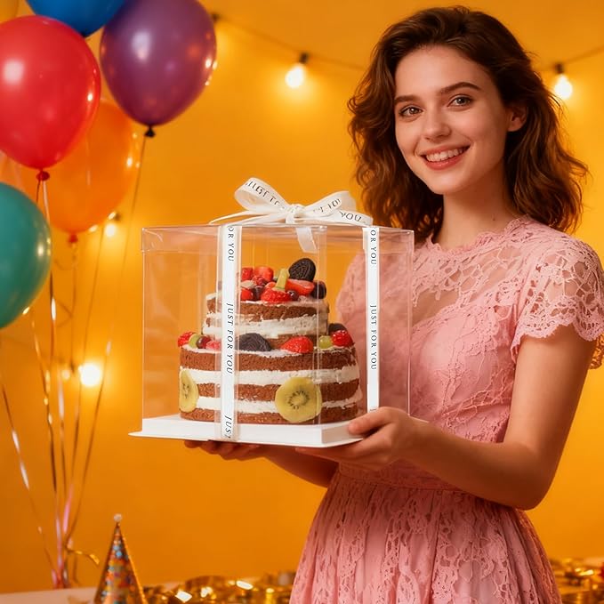 cake box-14 * 14 * 10inch/4pcs, Clear Display Gift Boxes with RibbonStackable Food Storage Containers for Pastry (Clear, 14 * 14 * 10inch/4pcs)