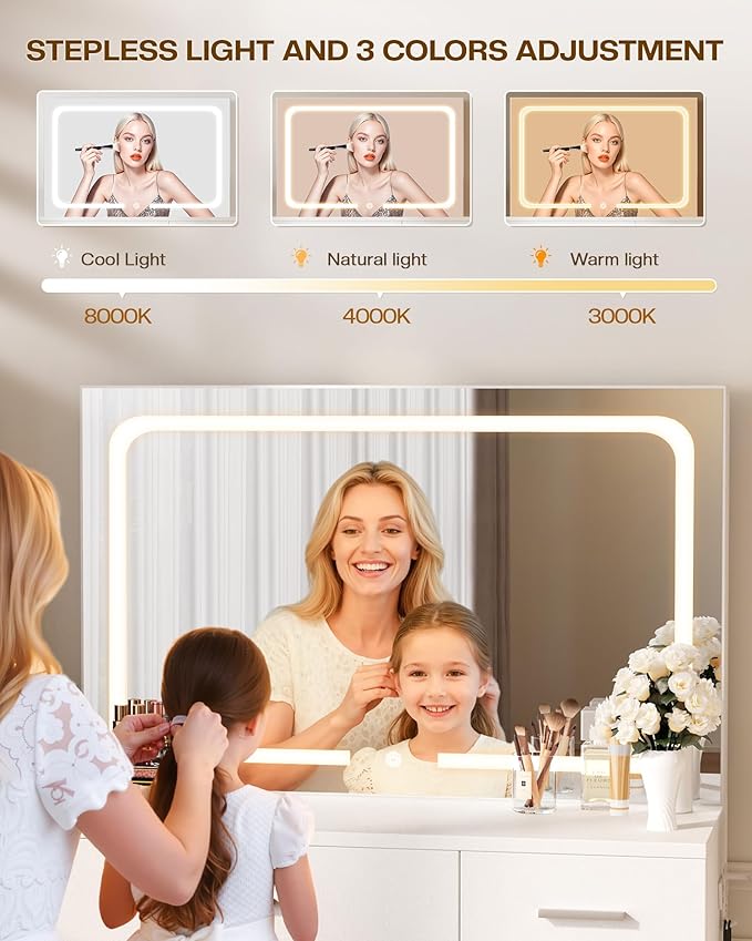 Makeup Vanity Desk Set, White, 35.4“W x 15.7" D x 53.9" H (Large Smart LED Mirror, with Cushion Stool, Hairdryer Rack, Power-Outlet, 4 Drawers)