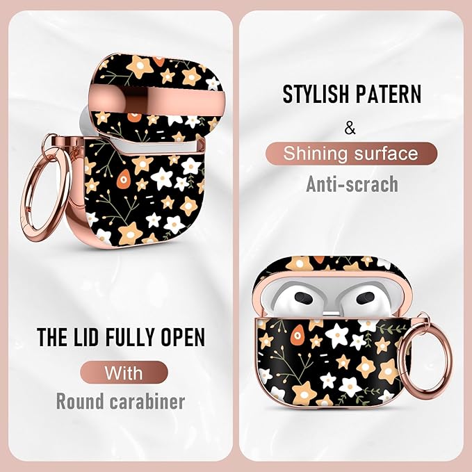 Maxjoy for AirPods 3rd Generation Case, Unique Design Hard Protective Shockproof Airpods 3 Cover with Keychain, Compatible with Apple AirPods 3rd Charging Case, Black Star Flowers Lanyard