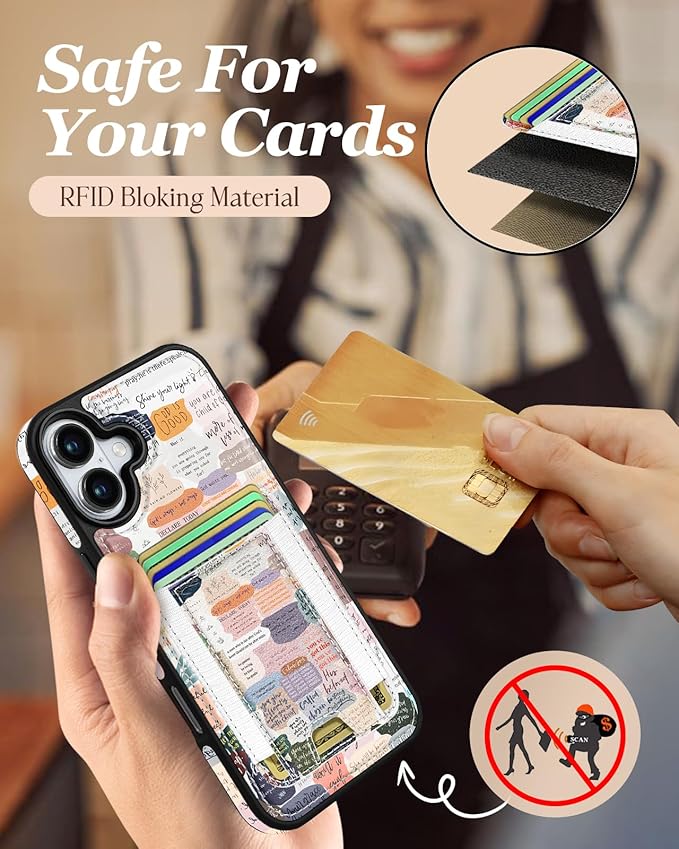 Shorogyt for iPhone 16 Wallet Case - Fits 5 Cards, Compatible with Magsafe Detachable Magnetic Credit Card Holder Leather Cardholder Cute Phone Cover Women Girls for Apple 16, Collage