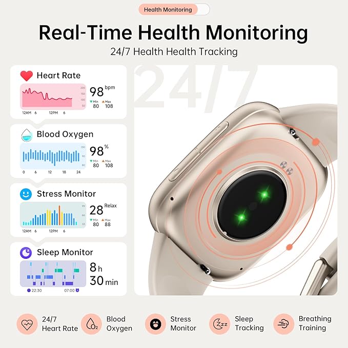 Smart Watch for Women Men, 1.85" HD AMOLED Display, 2 Bands Included, Works with iPhone & Android, 12-Day Battery, 3ATM Waterproof, Bluetooth Call, Health & Fitness Tracker, Beige