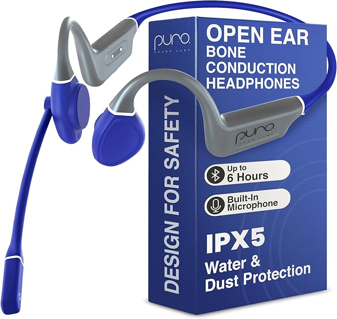 Puro Sound Labs PuroFlex Kids Bone Conduction Headphones – Bluetooth 5.3 Wireless, Volume Limited with Built-in Mic, Ideal for School, Running & Sports, IPX5 Waterproof Kids Open Ear Headphones, Blue