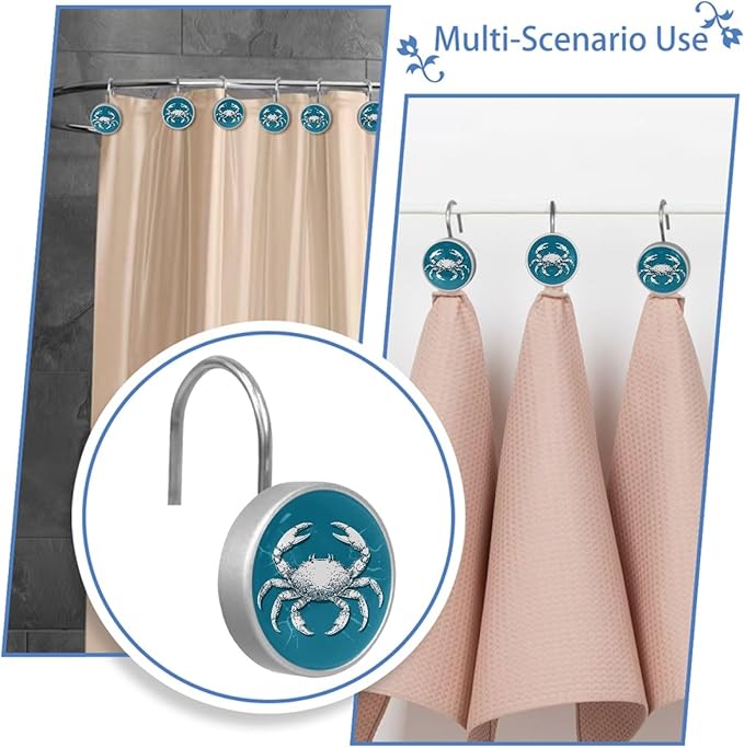 Nautical Abstract Crab Shower Curtain Hooks 12Pcs, Decorative Rust Resistant Shower Rings for Shower Curtain Rods, Stainless Steel Round Curtain Hooks for Bathroom, Bedroom, Farmhouse