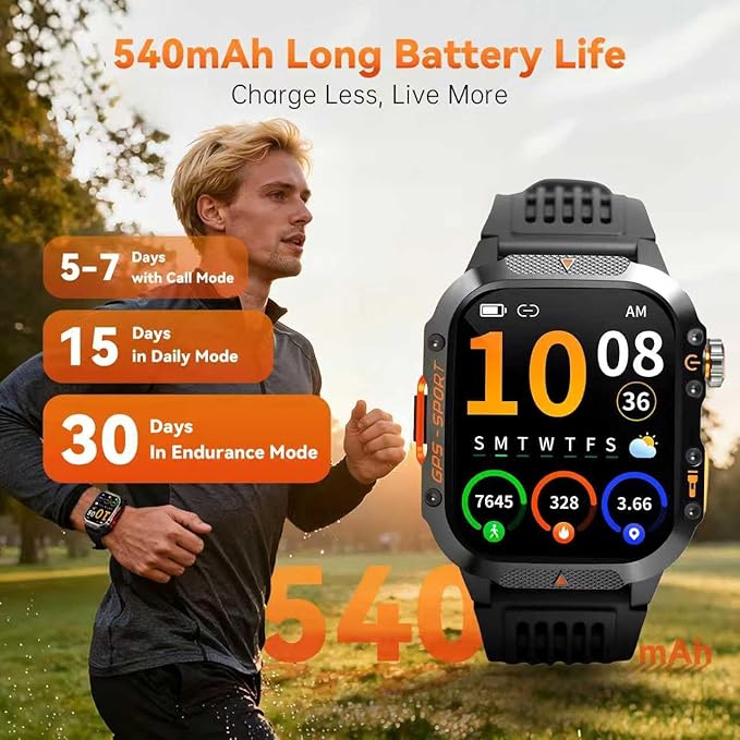 Military Smart Watches for Men, 1.7" Hd Fitness Tracker Ith Multiple Sports Modes, 600mah Battery for Android iOS, Ip68 Waterproof/Spo2 Monitor/Flashlight/Message Alerts (Square Black)