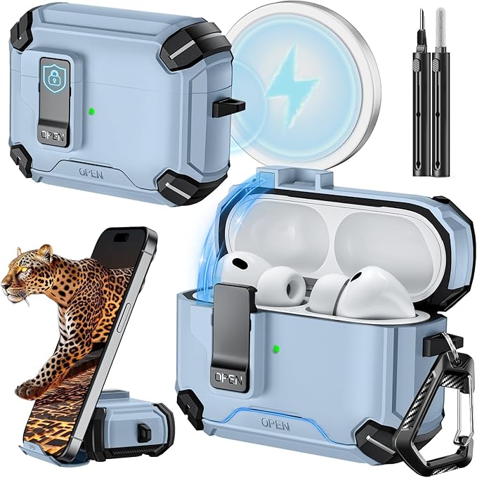 Inesore for AirPods Pro 3 Case (2025) with Phone Stand & Cleaning Kit,Compatible with Magsafe,Magnetic Automatic Lock Cover for AirPods Pro 3rd Generation, Sky Blue