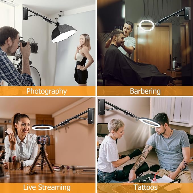 MACTREM Ring Light Wall Mount,44’’/110cm Wall Mounting Triangle Boom Arm for Strobe Light, Photography, Softbox, Reflector,Umbrella,Studio Video Light, Support 180°Rotation