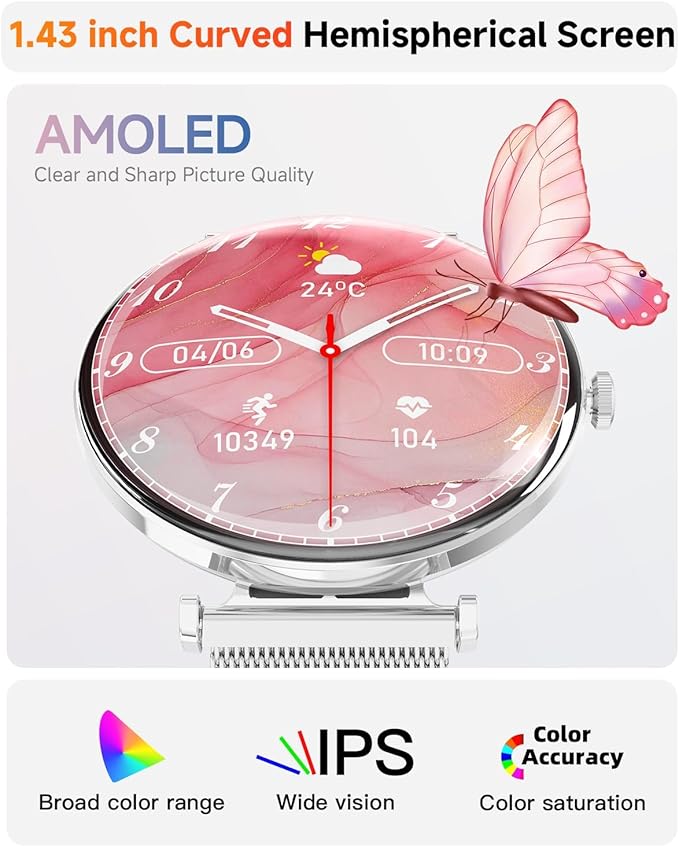 Hwagol Smart Watch for Women with Android iPhone Compatible[Calls/Metal Thin Body],1.43" Micro-Spherical AMOLED Screen,Sports Watch with Sleep/Heart Rate Monitor,Pedometer for Steps Miles