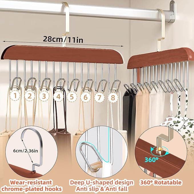2 Pack Belt Hanger,Wooden Belt Organizer for Closet, 360° Rotating Tie & Belt Rack for Storage with 16 Hooks, Sturdy Belt Holder Space Saver for Belt, Tie, Bra, Scarf, Tank Top Accessories