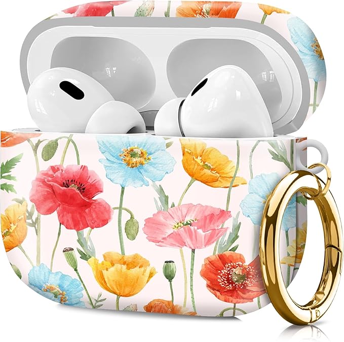 Compatible with Airpod pro 2nd/1st Generation Case Cover with Gold Round Keychain Cute Pattern Hard & Anti Slip Cover for Men Women & Girls（Blue Flowers）