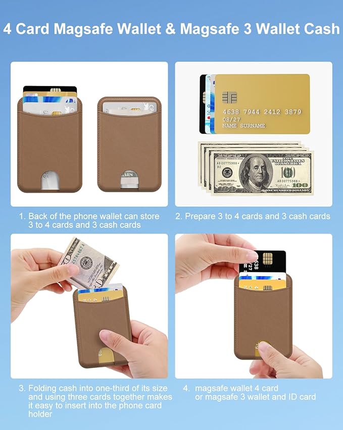 Miroddi for Magsafe Wallet, Magnetic Card Holder for iPhone 17/16/15/14/13/12 Series, Leather Magnet Phone Wallet Fit 4 Cards 3 Cash, Ultra-Thin, RFID Blocking, Brown