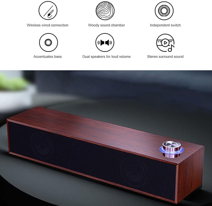Wood Computer Speakers for Desktop, Mini Sound Bar Speaker with Stereo Sound, USB Powered Small PC Speakers, with Volume Knob, 3.5mm AUX Plug & , Plug and Play