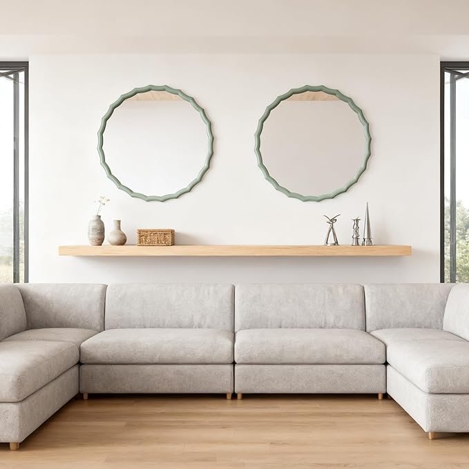 24" Green Scalloped Circle Mirror, Round Wavy Edge Mirror, Farmhouse Wood Frame Vanity Mirror Decorative for Bathroom Bedroom Living Room Home House Office Entryway