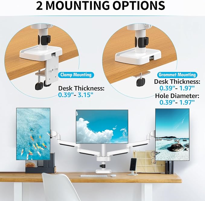 MOUNTUP Triple Monitor Stand Mount - 3 Monitors Desk Mount for Computer Screens Up to 27 inch, Triple Monitor Arm with Gas Spring, Heavy Duty Monitors Stand, Each Arm Holds 4.4-19.8 lbs, White