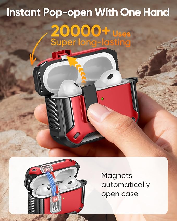 MoKo for AirPods Pro 3 Case with Lock 2025 - Compatible with MagSafe, Phone Stand & Auto Pop-up for AirPods Pro 3rd Generation Case, Military-Grade Protective Cover with Cleaner Kit, Red+Black