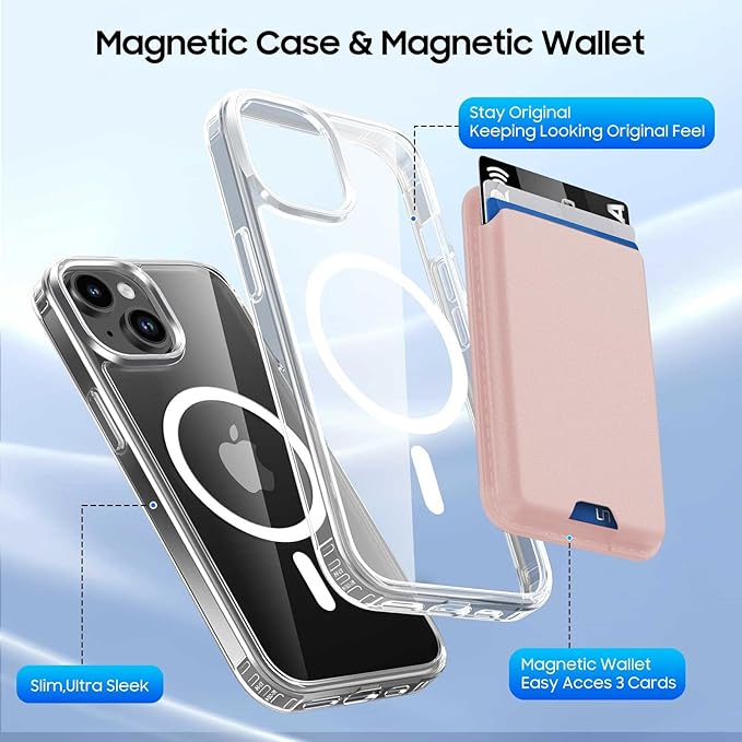 Magnetic for iPhone 14 Plus Case & iPhone 14 Plus Case Clear with Pink Detachable Wallet, Compatible with MagSafe, Military Protective Slim Phone Cover with Card Holder