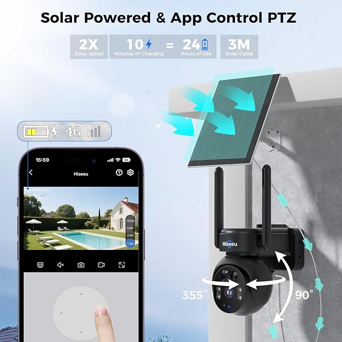 Hiseeu 4G LTE Cellular Security Camera Solar Powered, No WiFi Security Camera Wireless Outdoor, 24/7, PIR Motion, 2 Way Talk, 360° PTZ, 2K Color Night Vision, 64G SD & SIM Card Included