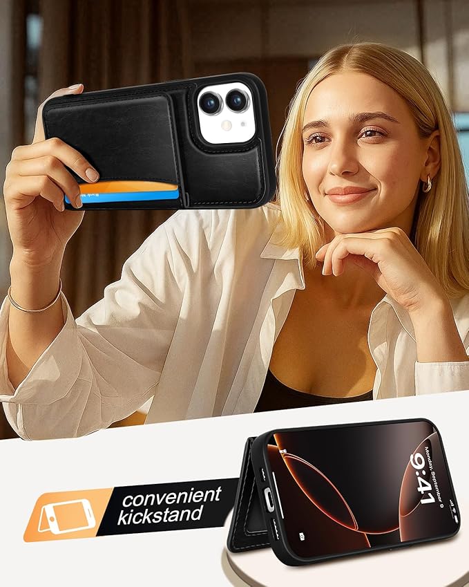 for iPhone 11 Case with Wallet - Fits 4 Card Slots, Compatible with MagSafe for Women Men Durable PU Leather Credit Card Holder Kickstand Phone Cover for Apple 11, Black