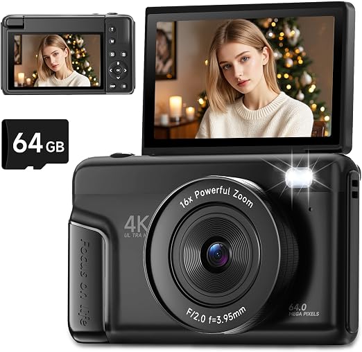 4K Digital Camera 180° Flip Screen Autofocus 64MP 16X Zoom, Black