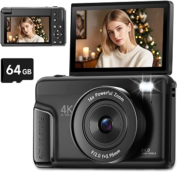 4K Digital Camera 180° Flip Screen Autofocus 64MP 16X Zoom, Black