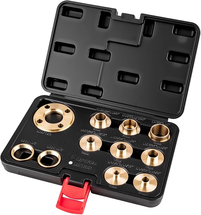 11Pcs Brass Router Bushing Guide Set, Router Template Guide with Lock Nut Adapter, Compatible with Porter Cable Style Router Sub-Bases, for Dovetailing, Cut Out Work & Woodworking Router Accessories