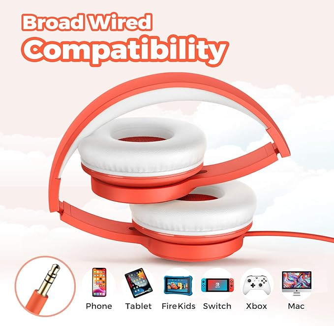 TuneFlux Upgraded Kids Headphones, Wired Toddler Headsets, 85dB Limited Volume On Ear Headphones, Portable Foldable Design, Stereo Sound Kids Headsets for School/Tablet/Travel-Orange