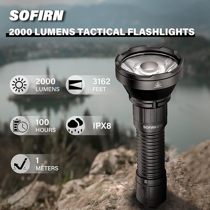 Sofirn Tactical Flashlight 2000 Lumens, 3162 Feet Beam Long Throw, Long Runtime, Hidden Type-C Port, Dual Tail Switch, Rechargeable Zoomable Light for Hunting/Camping/Emergencies, IPX8 Waterproof