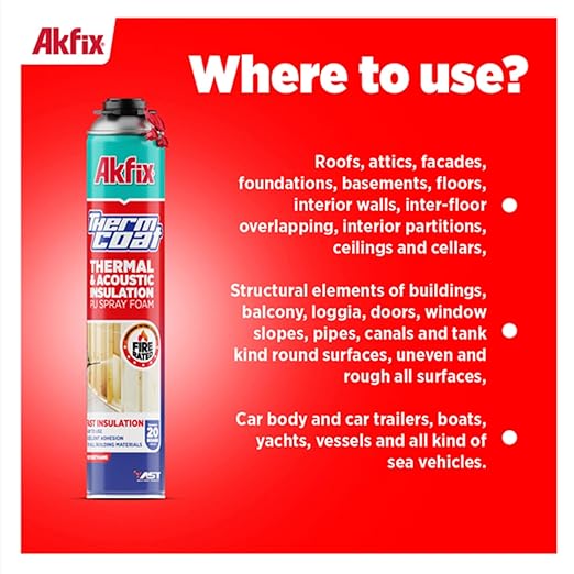 Akfix Thermcoat Fire Rated Spray Foam Insulation 480 sq ft (24x27.1 oz) - (R-Value 11.32/2 inch) Closed Cell Expanding Wide Sealant Thermal Insulation for Walls and Attic - Gun&Cleaner NOT Included