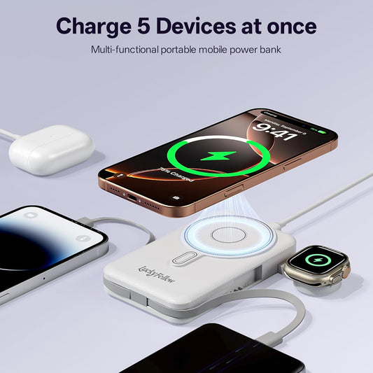 Magnetic Portable Charger 10000mAh Wireless Power Bank with Built-in Cables and Stand Compatible with iPhone