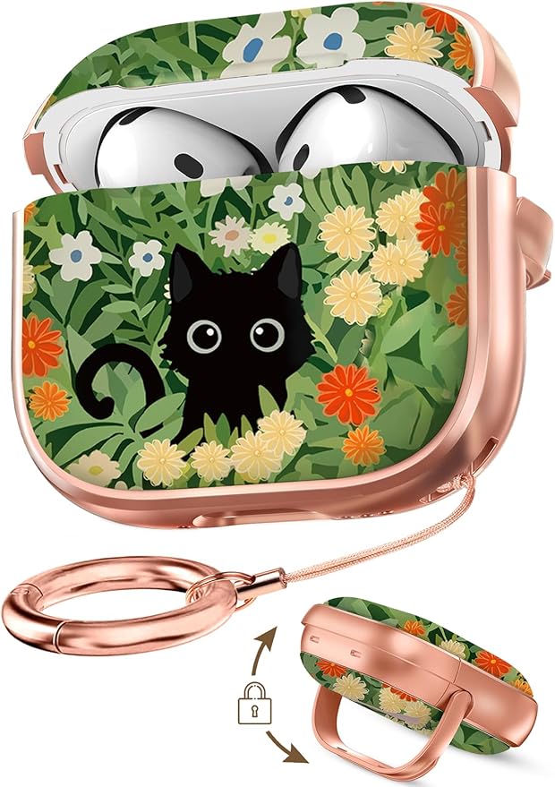 Coralogo for AirPods 4 Case with Safety Lock - Cute Cartoon for Women Girls Fashion Stylish Cat Flower Pattern Design Kawaii Girly Girlish Hard Protective Cover for AirPods 4th Generation 2024