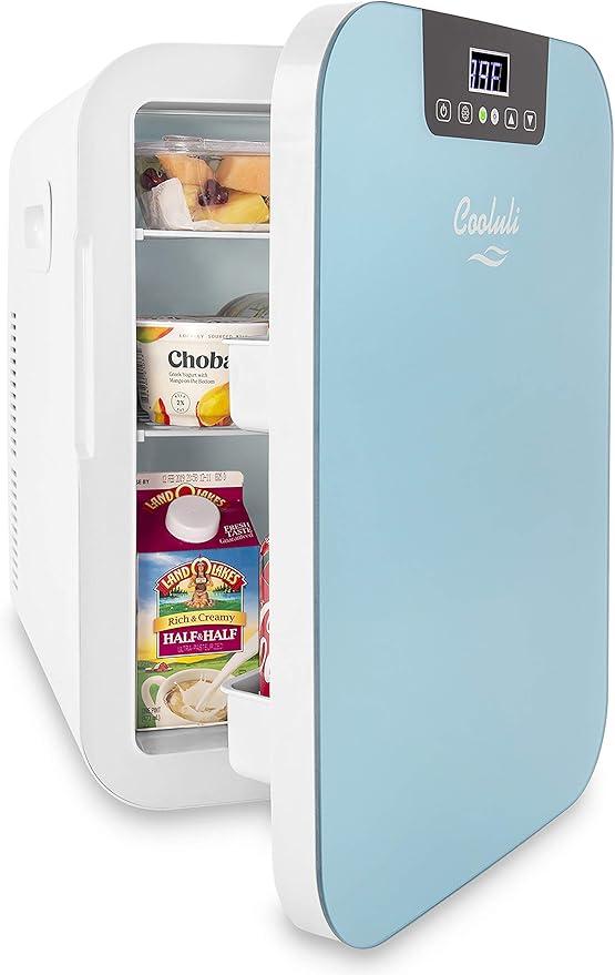 Cooluli 20L Mini Fridge For Bedroom - Car, Office Desk & College Dorm Room Glass Front Digital Temperature Control 12v Small Refrigerator for Food, Drinks, Skin Care, Beauty Breast Milk (Blue)